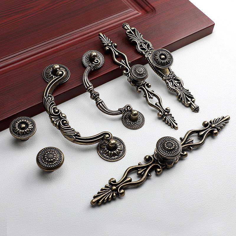古铜拉手欧式雕花整体橱柜衣柜把手简约覆古长拉手中式抽屉单孔小