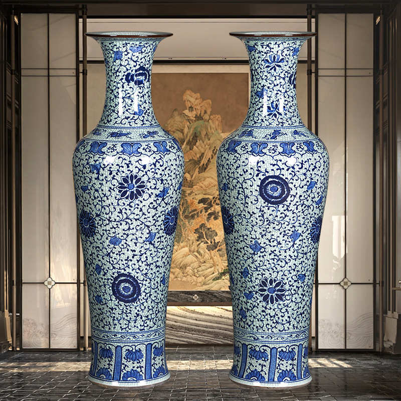 陶瓷器钧瓷摆件客厅家居落地大号装饰中式仿古青花瓷裂纹釉插花瓶