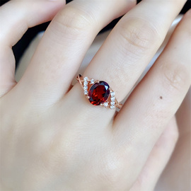 天然莫桑比克石榴石戒指女S925纯银红色宝石指环时尚简约防过敏