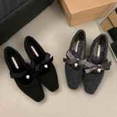 2026春日系少女哑丝绒蝴蝶结浅口单鞋 珍珠气质粗中跟玛丽珍0127e