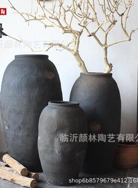 落地翁瓶黑灰色新派设计复古陶罐花盆粗陶瘦高花瓶陶罐INS自然风