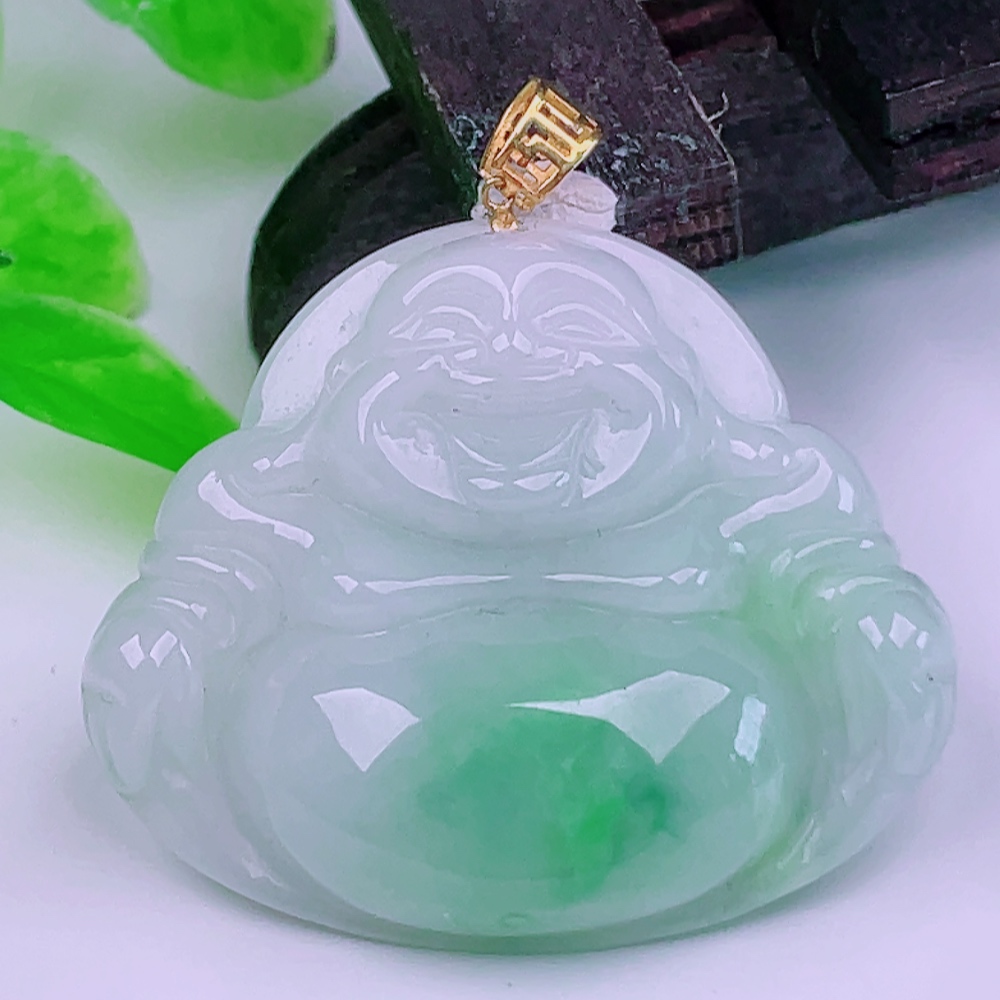 缅甸天然真品翡翠18k金扣头冰飘绿花高端精品珠宝闪拍佛公玉吊坠