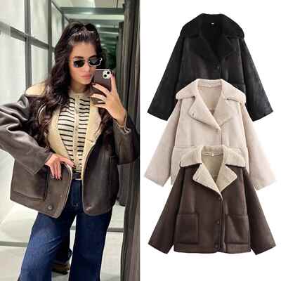Flip collar three color fur integrated long sleeved jacket