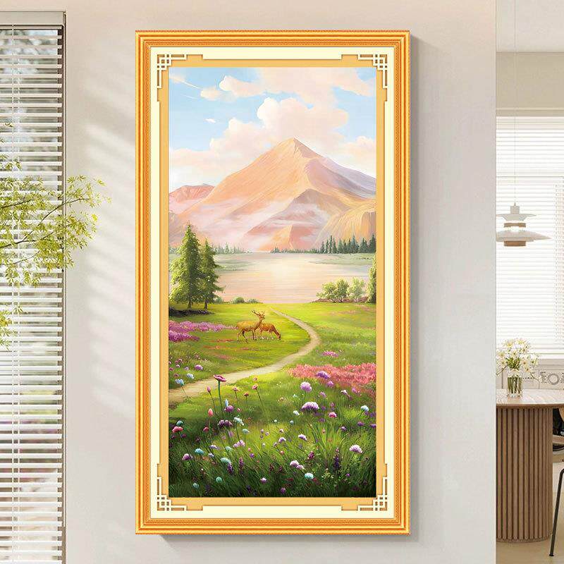 金山福鹿生财十字绣2024新款线绣客厅玄关竖版山水风景画简约现代