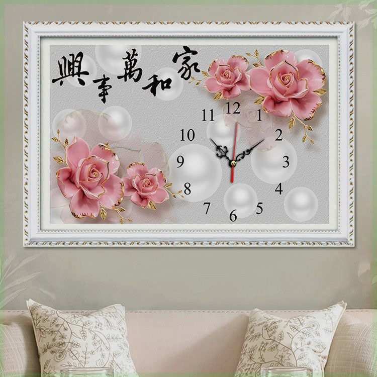 【送机芯】印花十字绣钟表线绣客厅简单绣卧室挂钟家和万事兴
