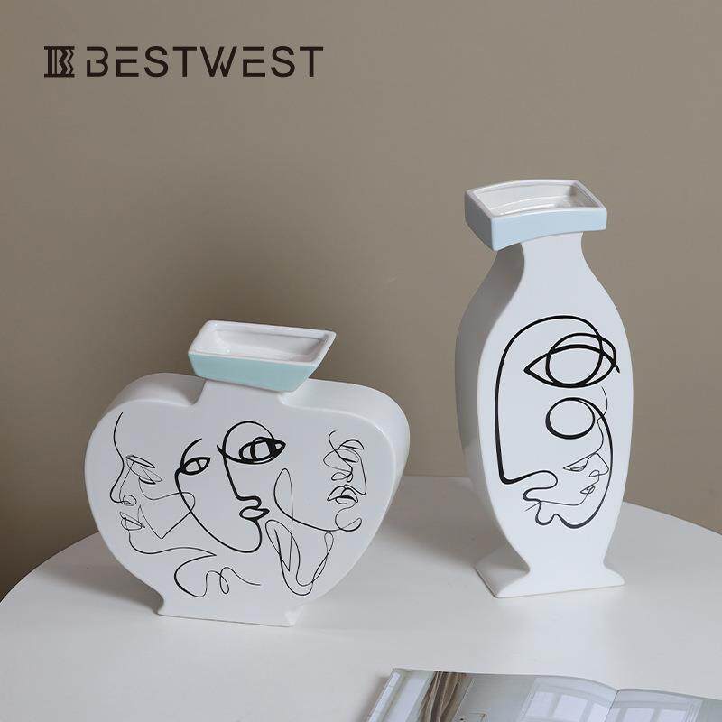 Best west 白色釉面彩绘人脸陶瓷花瓶摆件创意家居玄关客厅花器