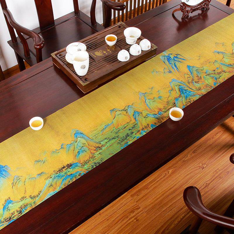 覆古桌旗中式禅意茶旗防水茶室茶巾千里江山图棉麻布艺瑞鹤图茶艺