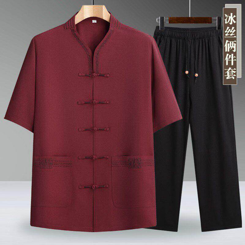 冰丝短袖套装唐装男2025新款夏季中老年国风爸爸夏装中式爷爷衣服