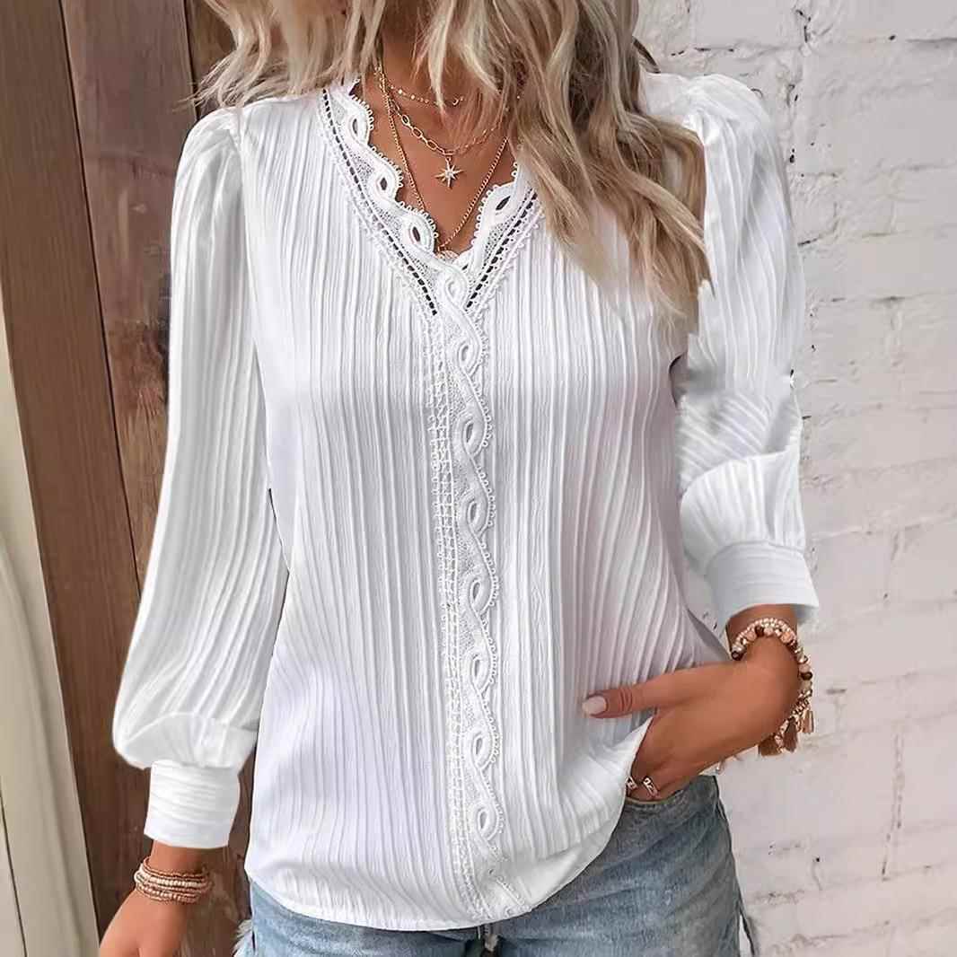 Long Sleeve V Neck Lace Stitching Blouse Womens Shirt