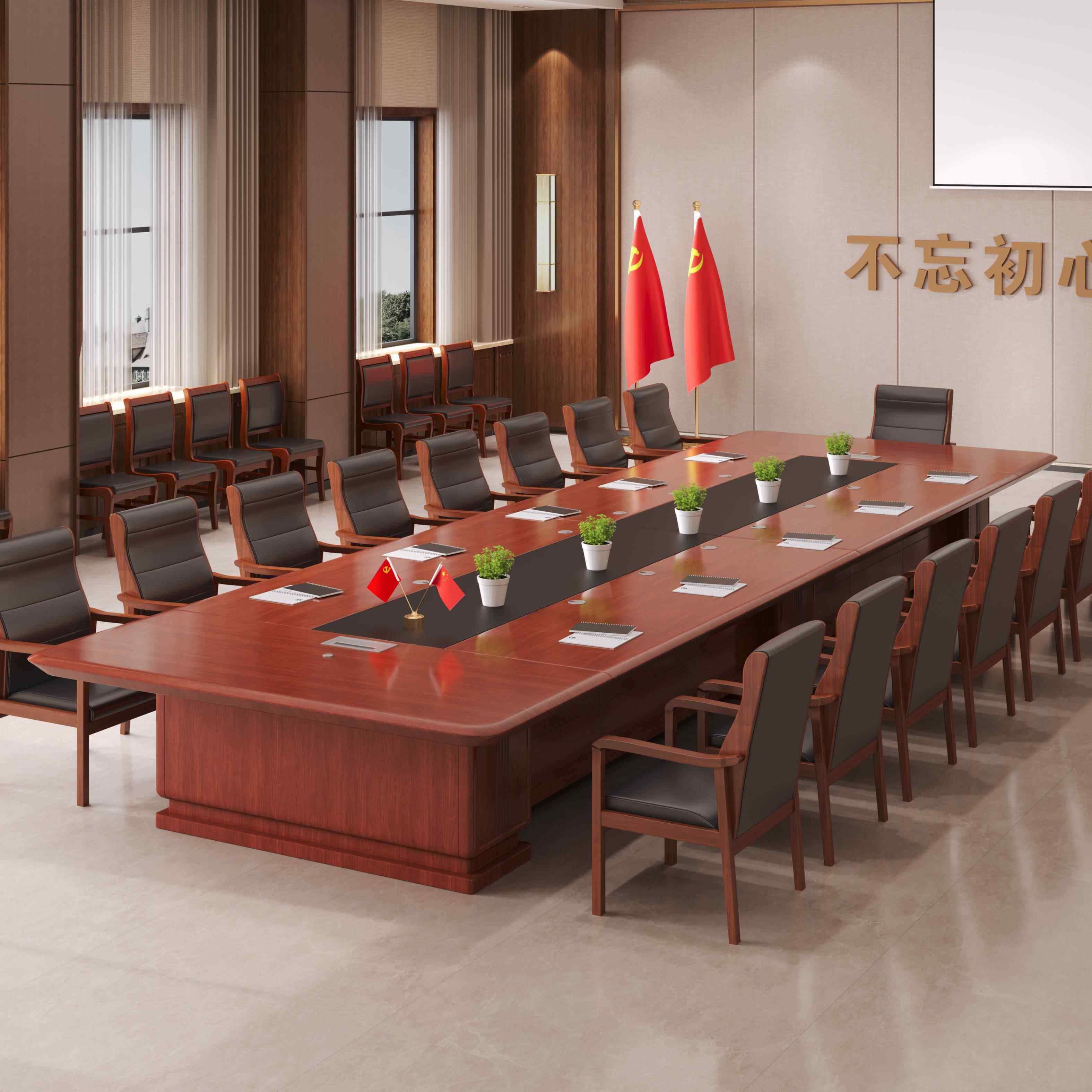 实木油漆会议桌长桌工作台员工桌培训洽谈桌办公家俱木皮黑皮桌子