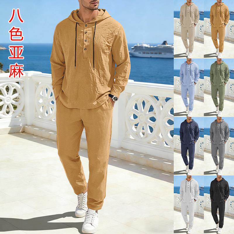 Men's linen hooded drawstring long sleeved pants set