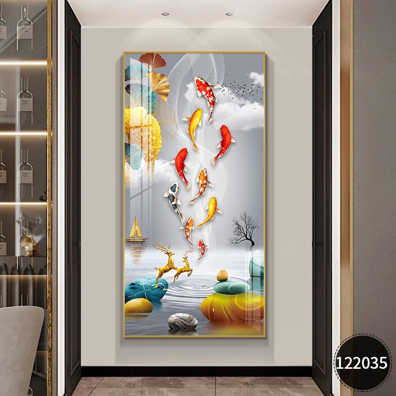 玄关九鱼图挂画装饰画竖版入户正对门走廊过道晶瓷寓意好壁画轻奢图片