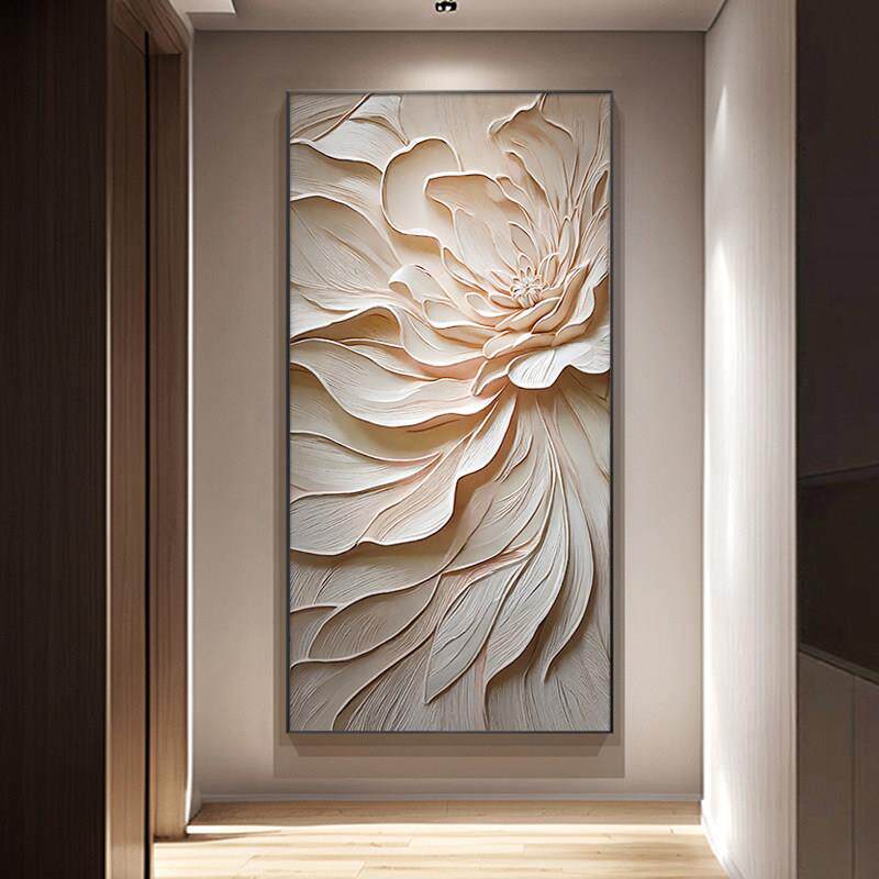 北欧玄关装饰画浮雕肌理立体感过道走廊壁画高级花开富贵客厅挂画