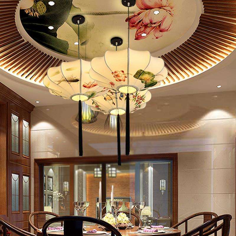 现代新中式吊灯客厅餐厅阳台手绘画布艺灯笼茶楼仿古中式灯具