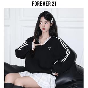 Forever21甜酷蕾丝拼接假两件V领卫衣女秋冬黑色宽松休闲条纹上衣