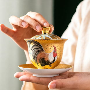 999真金大吉大利盖碗省大师肖建辉釉下五彩纯手工陶瓷茶杯主人杯