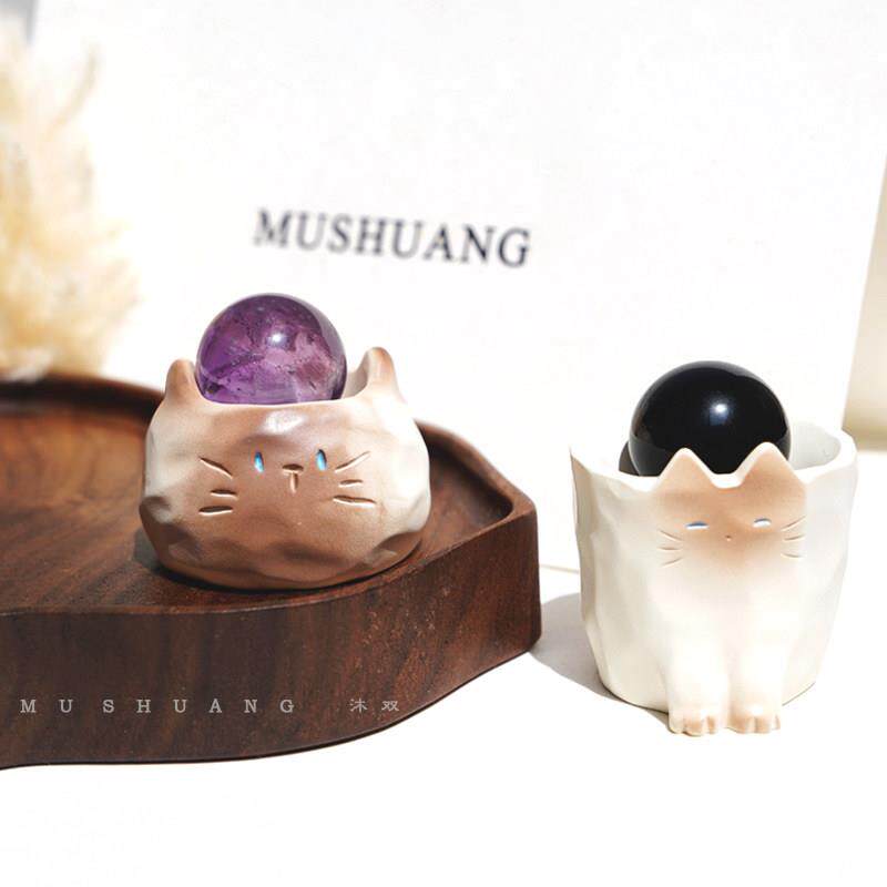 【有球必应】天然水晶球摆件 黄白紫粉黑曜石小豆丁猫猫 原石招米