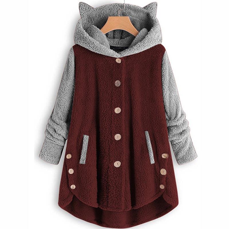 Jacket Sleeve Long Colorblock Womens Top Hooded Fleece Ear