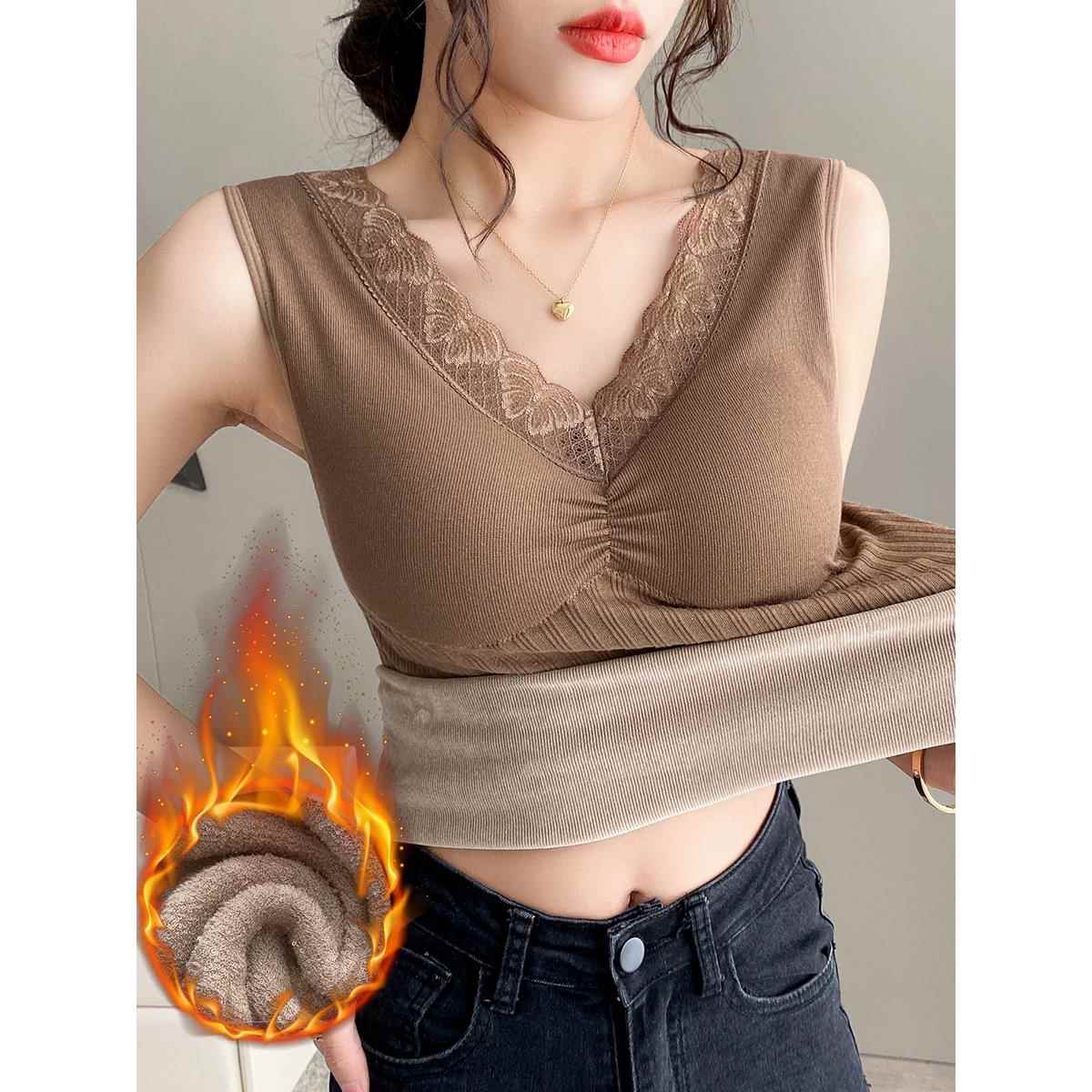 加大版保暖背心女带胸垫秋冬蕾丝加绒加厚防寒内搭上衣打底1030e