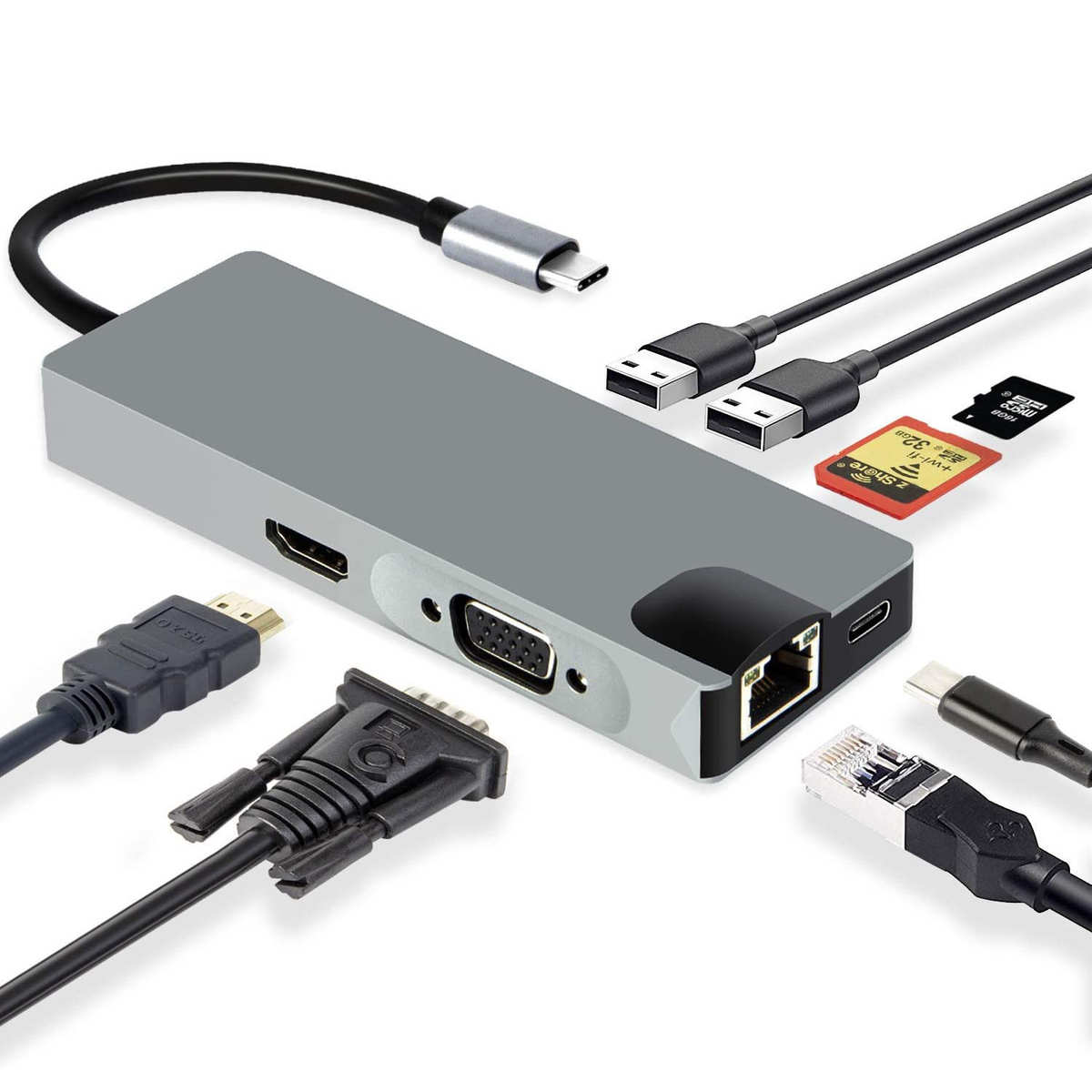 USB Type C Hub Type-C To HDMI VGA Adapter RJ45 Lan Ethernet