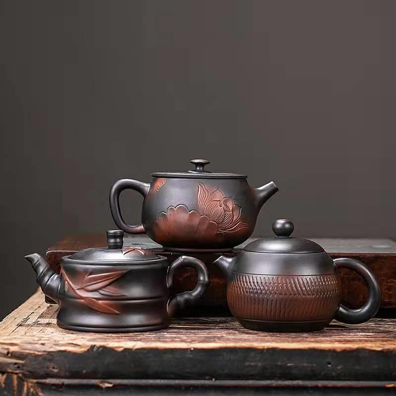 紫陶泡茶壶纯手工家用雕花茶壶功夫套装茶壶承紫砂古土西施壶