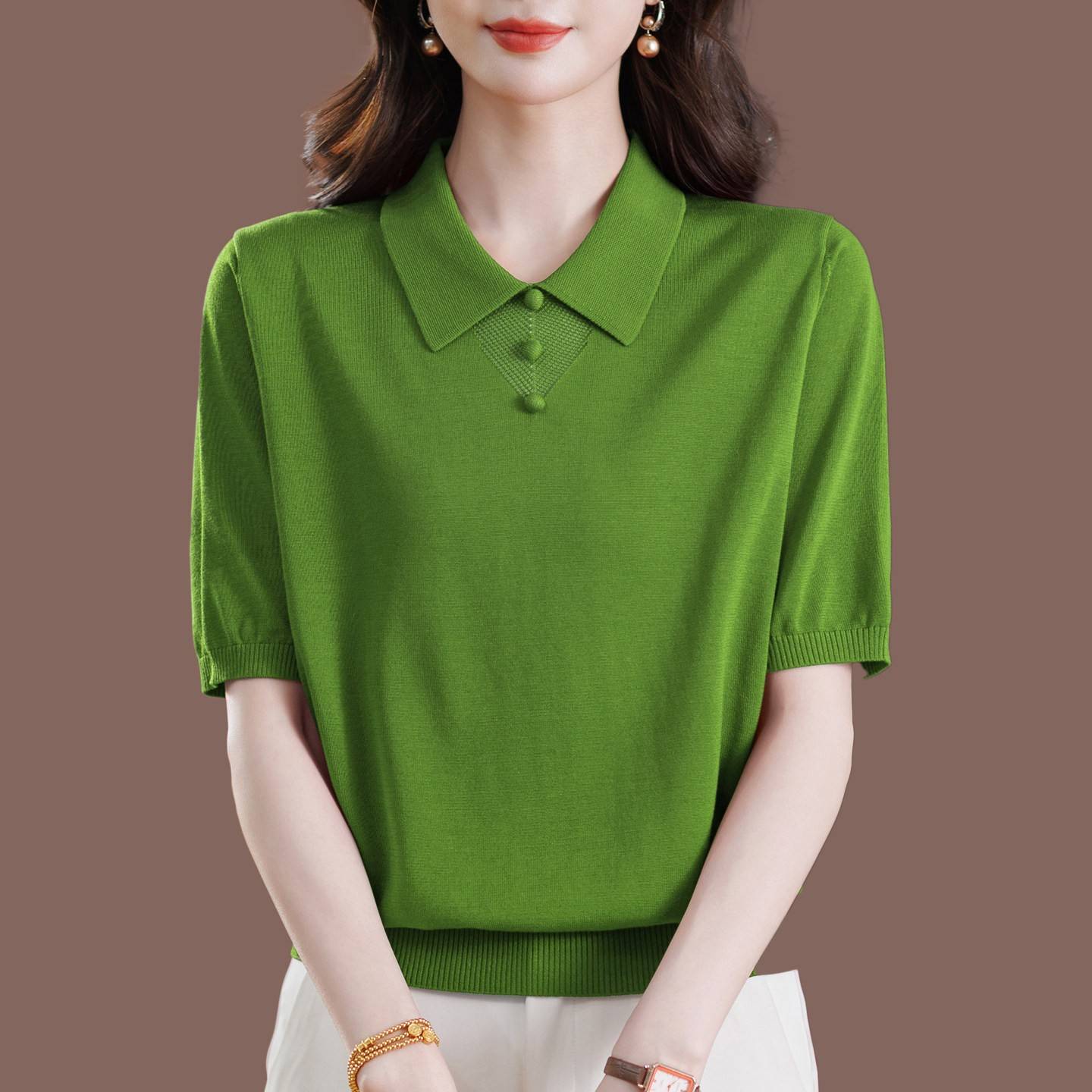 夏季新款桑蚕丝T恤女短袖宽松纯色套头针织冰丝短袖妈妈洋气显瘦