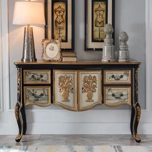 复古做旧端景台靠墙柜 乡村雕花客厅玄关台中式 欧式 实木餐边柜美式