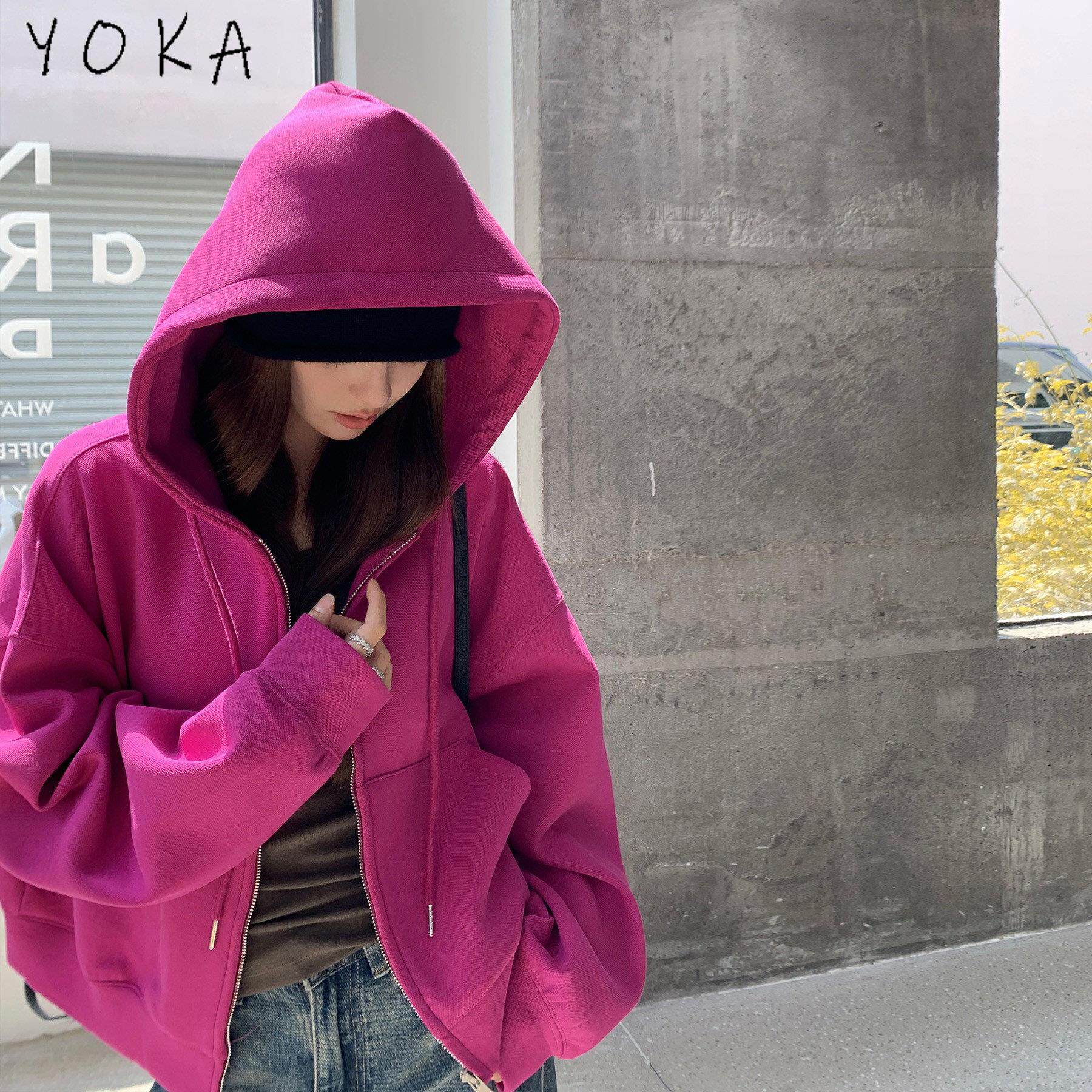 韩版连帽运动衫女2026春秋新款慵懒风宽松减龄百搭短版开襟外套休