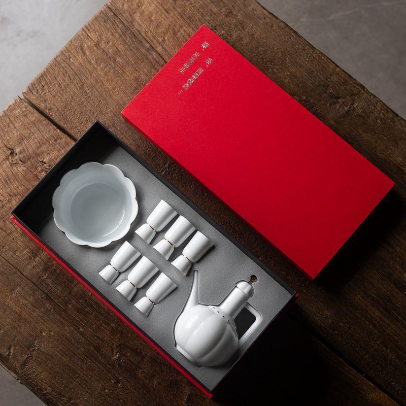 展瓷甜白一壶六杯温酒器酒具套装日式酒器简约高脚杯酒具家用套组