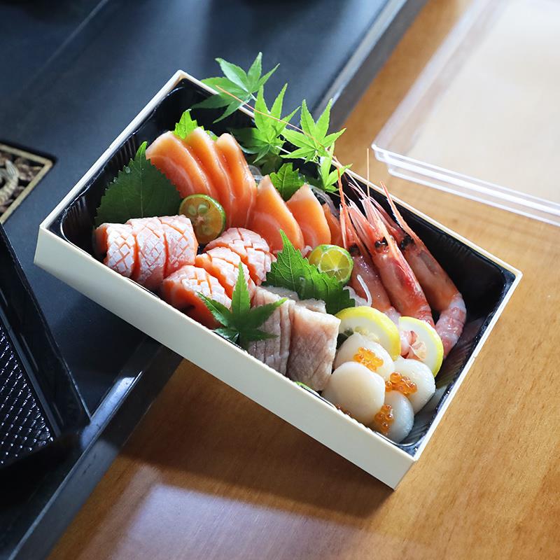 网红便当外卖盒子木质包装食品一次性餐盒和牛三文鱼刺身日料打包