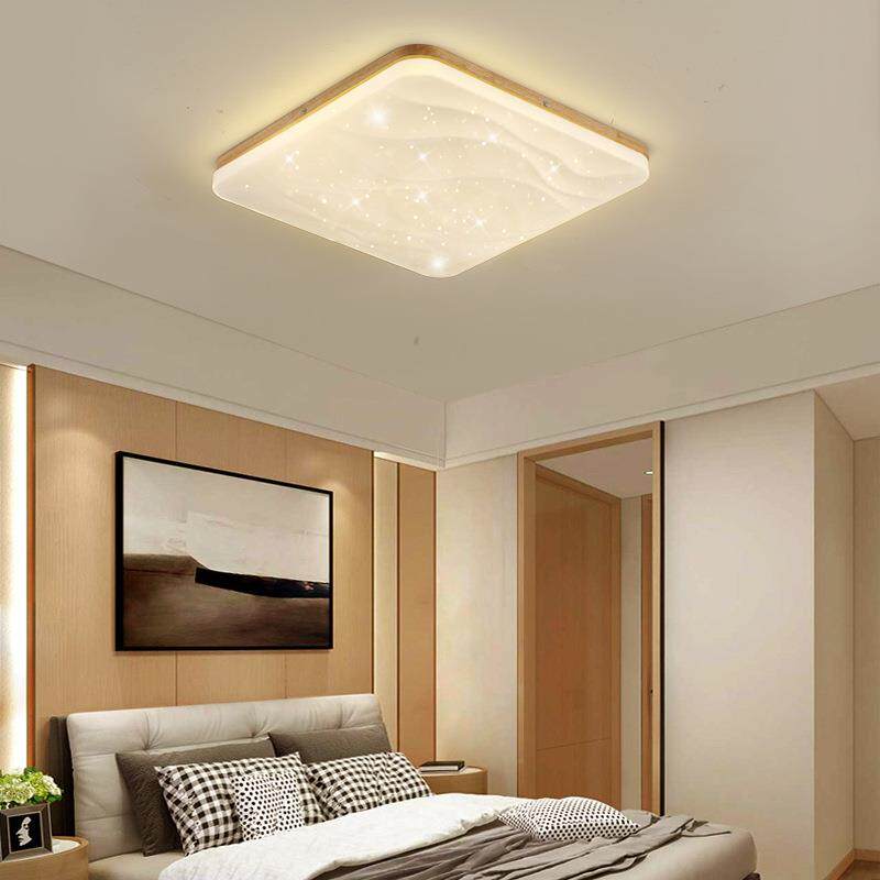 led客宿厅吸顶灯创室意波浪原木名长形方形房风现代简约卧间灯具