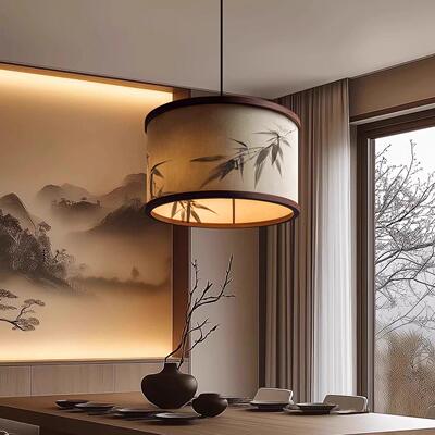 宋代美学禅宗圆形卧室吊灯中国优雅竹叶水墨画民宿茶室书房餐厅灯