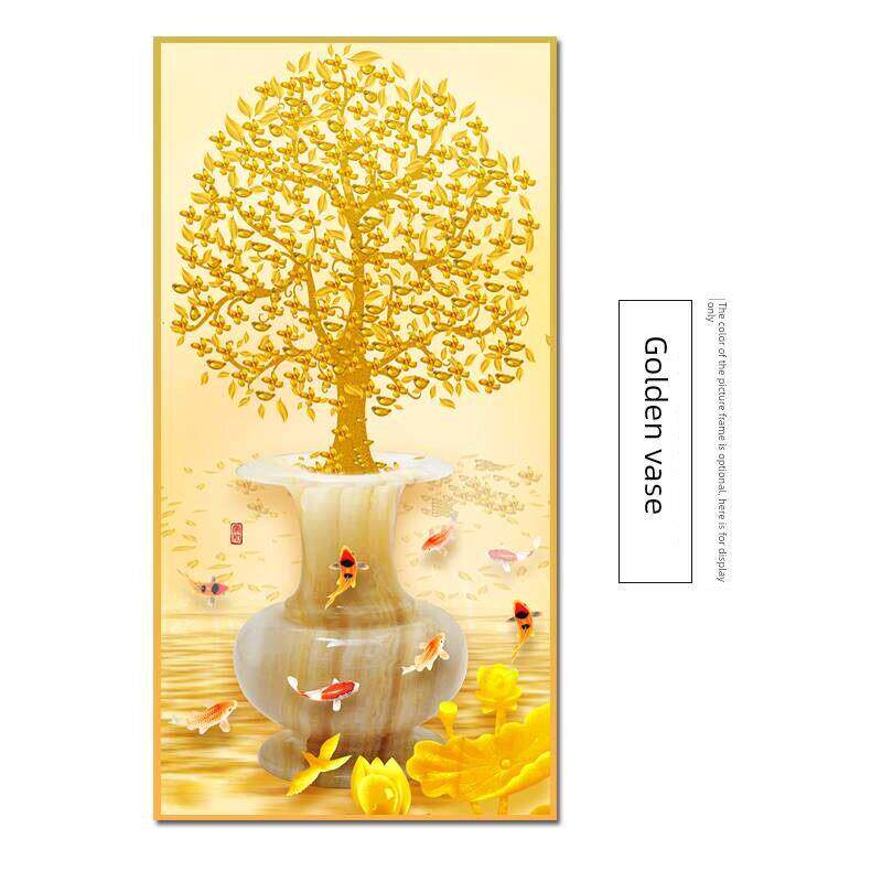 中式玄关装饰画单幅走廊过道竖版壁画发财树墙面挂画晶瓷画墙画