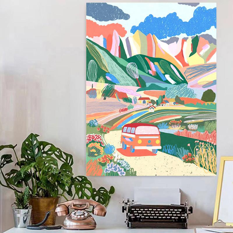 北欧ins风景田园插画卡通背景布卧室宿舍床头装饰墙布治愈挂布竖