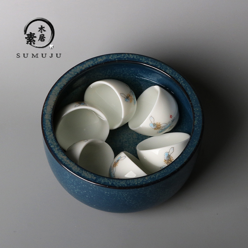 霁蓝功夫茶具茶洗陶瓷大号茶渣缸水洗杯洗水盂笔洗茶盘茶道零配件