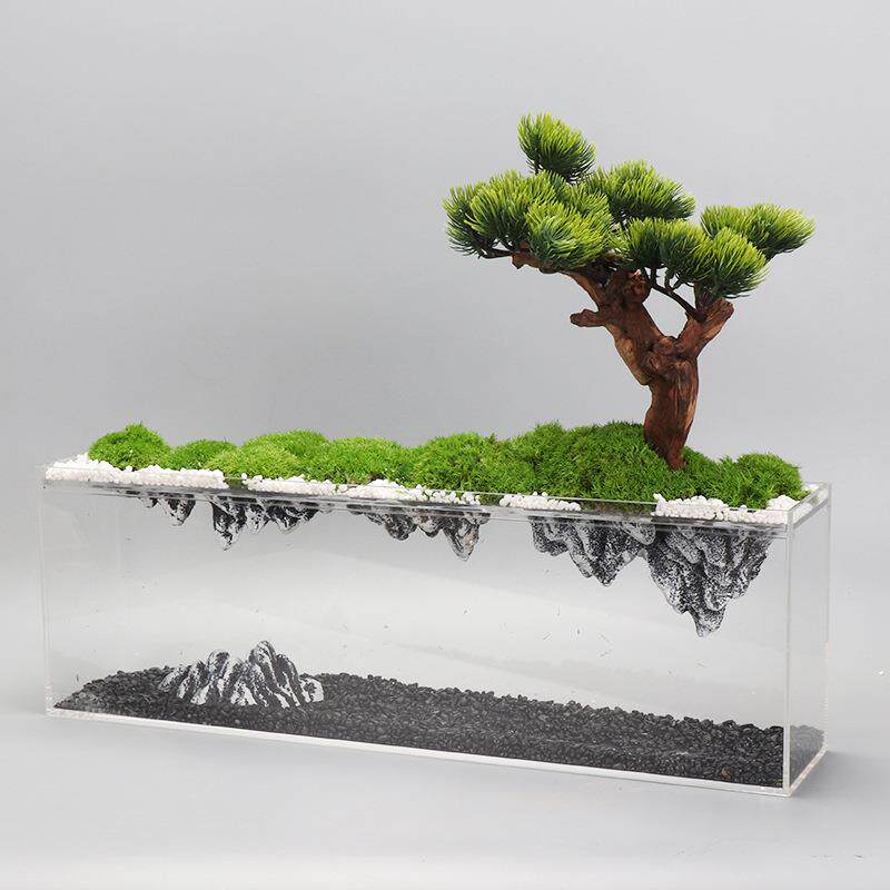 中式禅意山水倒影仿真迎客松盆景绿植样板间玄关茶室书房端景摆件