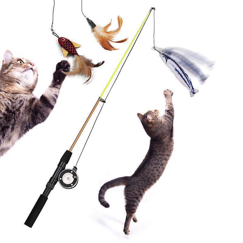 宠物用品逗猫棒伸缩杆鱼竿毛绒猫薄荷鱼替换头羽毛钓鱼杆猫咪玩具