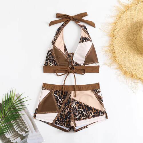 Pink Leopard Print Patchwork Tankini Swimsuits Set - Tie -