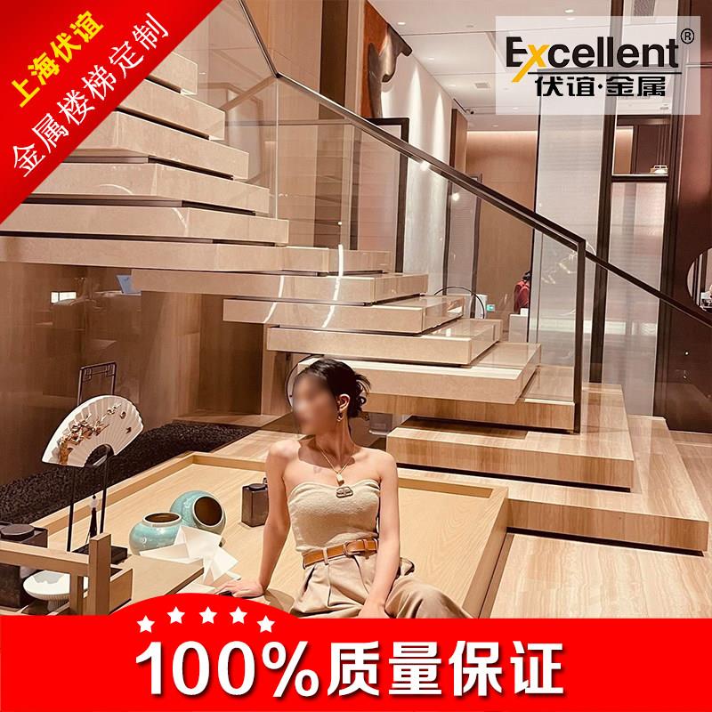 叠级楼梯重叠直梯堆叠转角钢板梯家用商用别墅现代轻奢玻璃扶手