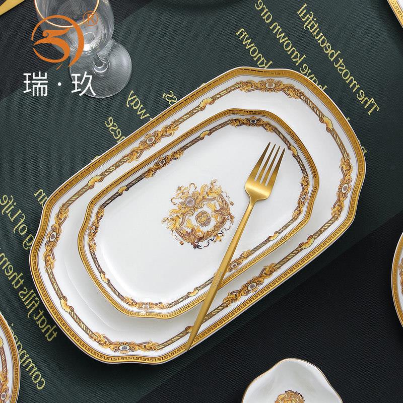 鱼盘子家用新款大号长方形大盘子骨瓷金边鱼盘餐具盘子微波炉鱼盘