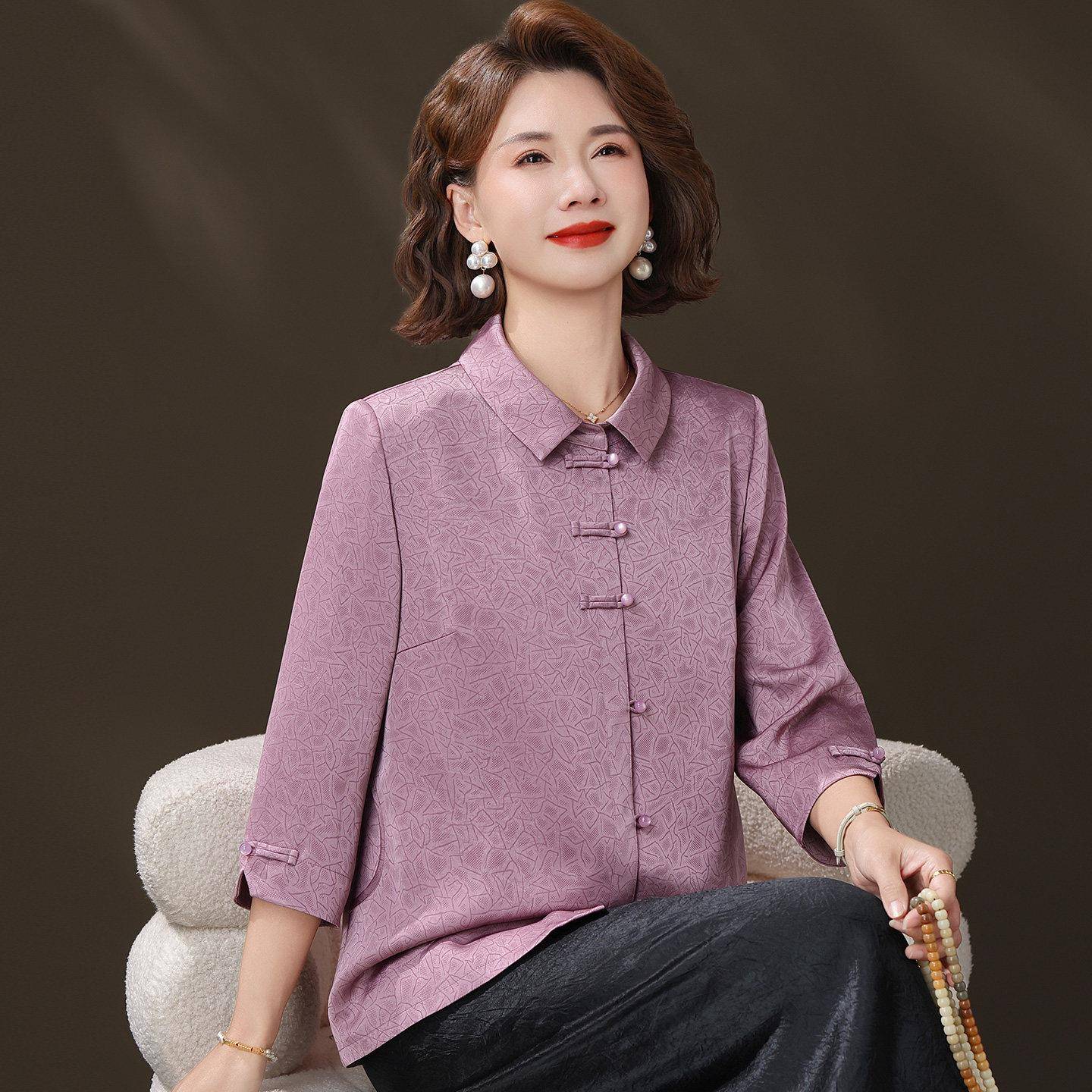 大码中年衬衫女开衫夏装重磅桑蚕丝100%套装国风妈妈真丝翻领上衣