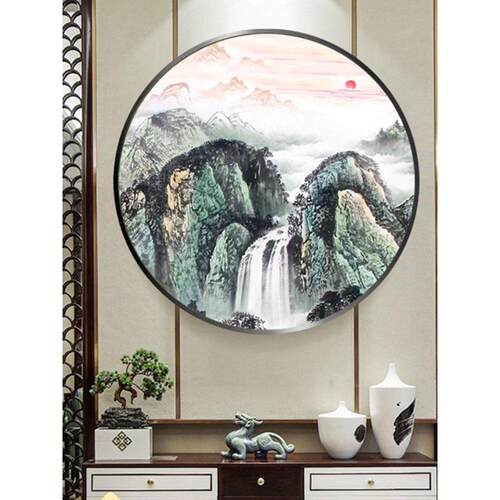 LE灯新中式209装画山聚宝盆山水画饰客厅风水玄关水圆D形挂画发光