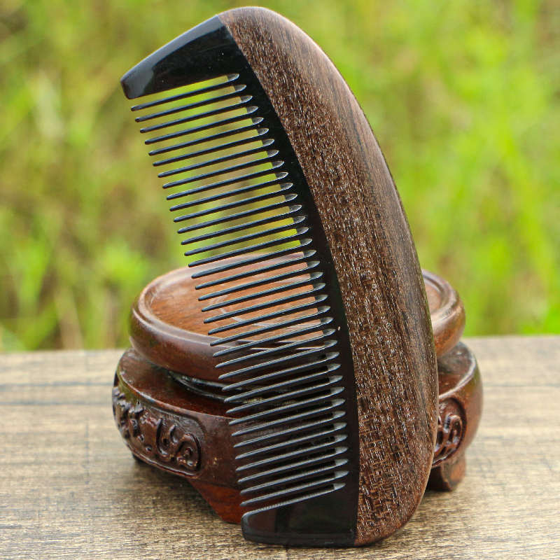 天然沉贵宝木梳子拼牛角梳子密细齿按摩梳顺发梳家用便携梳长12CM