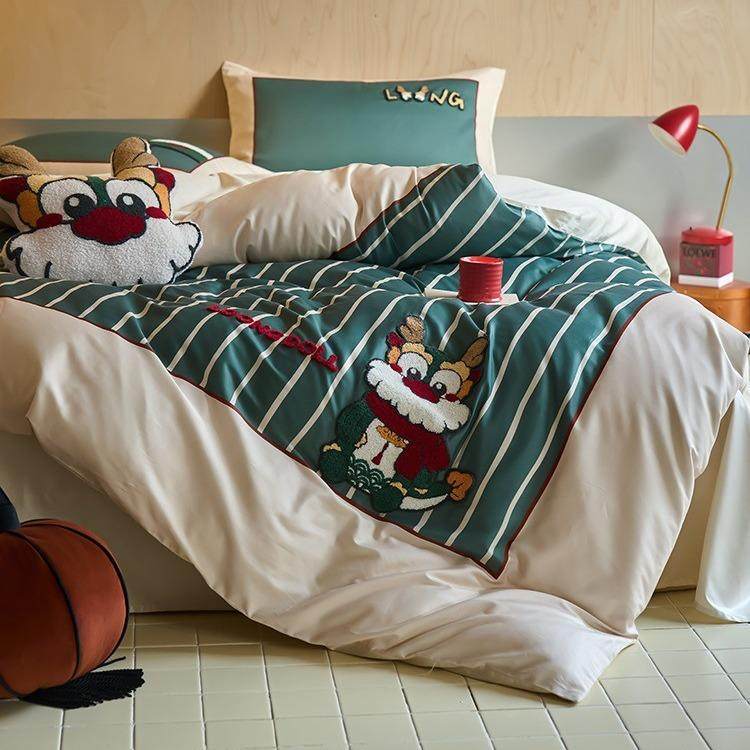 送346抱枕龙年~A类100丝滑全棉三四件套爱可毛支巾绣棉纯床单床笠