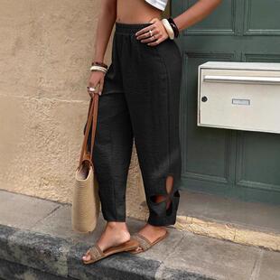 2025欧美跨境独立站纯色时尚 休闲日常侧袋镂空全长舒适女裤
