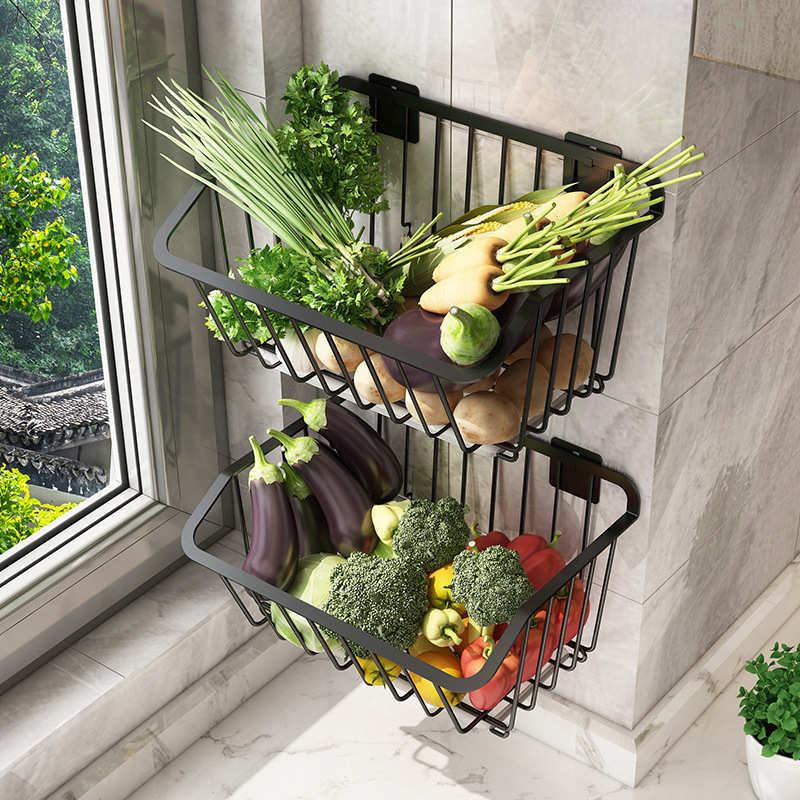 家用厨房果蔬置物架收纳筐壁挂式免打孔不锈钢水果篮蔬菜架菜篮子
