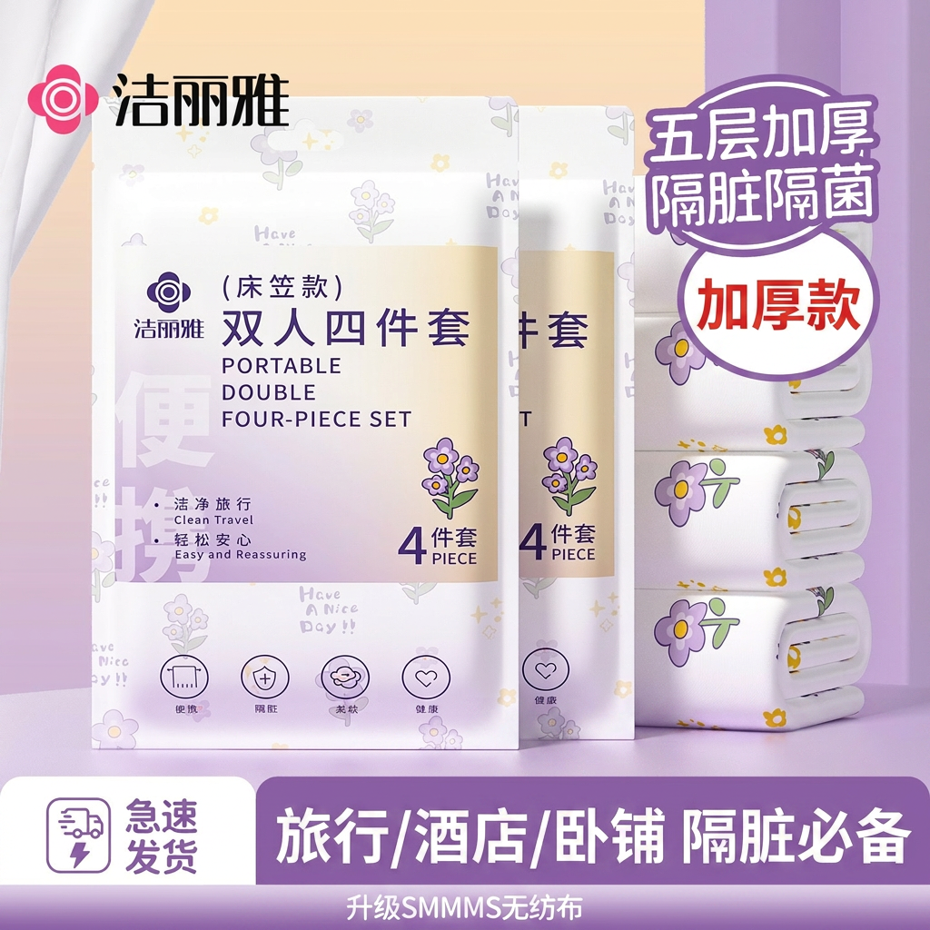 洁丽雅一次性床笠四件套床单被套枕套旅行加厚隔脏酒店卧铺旅游