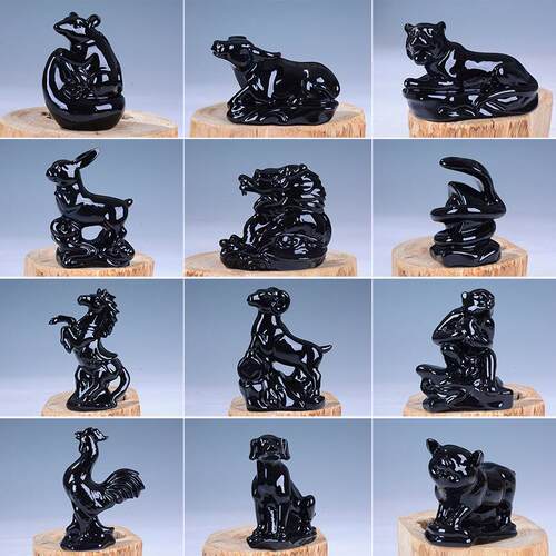 小号风水十二生肖摆件黑色鼠牛虎兔龙蛇马羊猴鸡狗猪陶瓷器装饰品