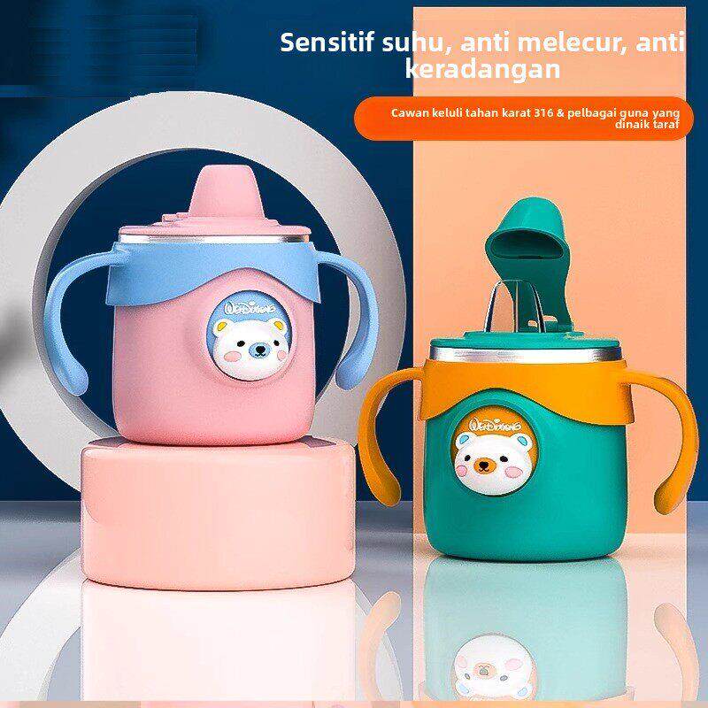 儿童鸭嘴杯带刻度婴儿牛奶杯两用不锈钢感温防摔吸管喝水杯6个月+