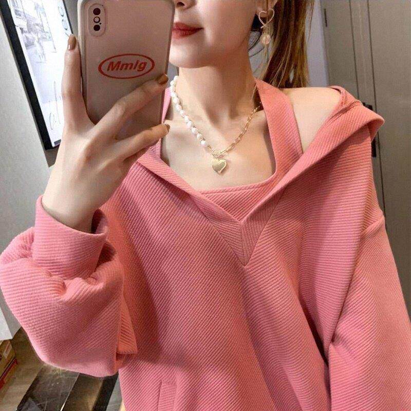 欧洲站粉红色减龄两件套女V领长袖中长款小香风上衣套头连帽卫衣